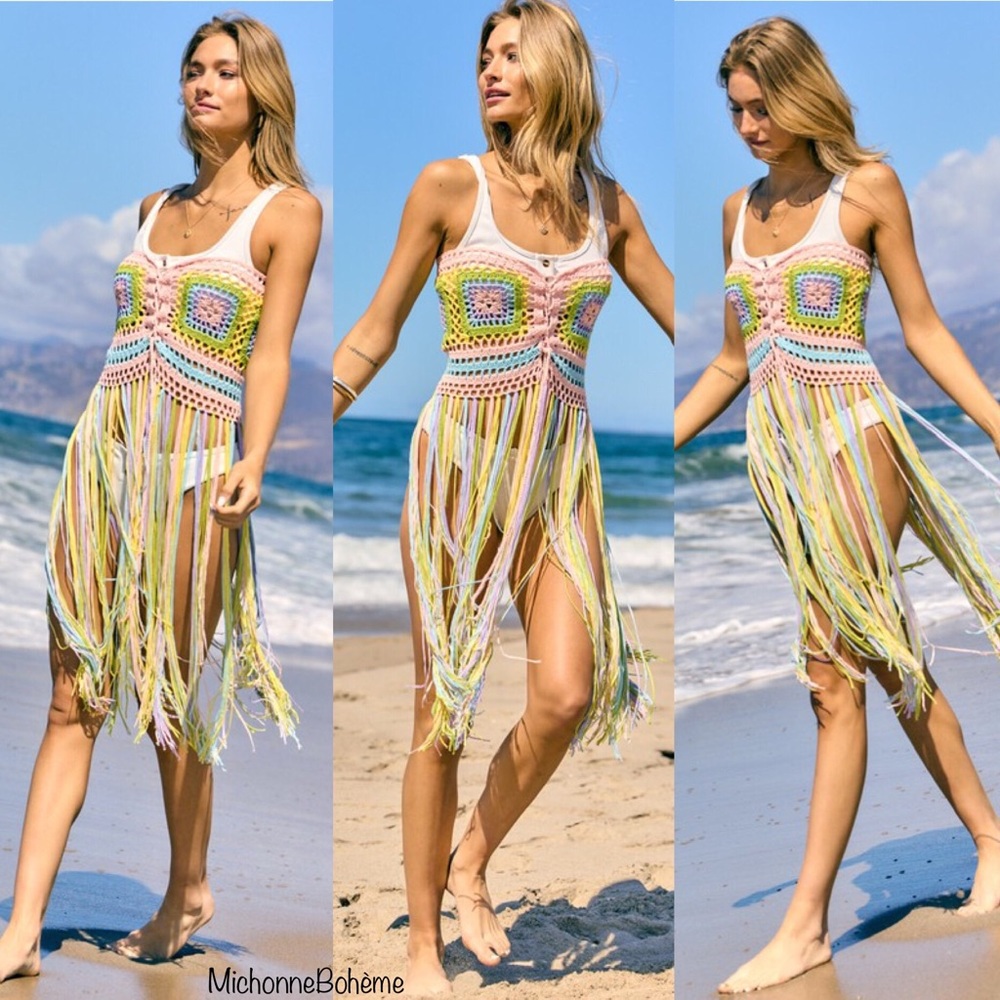 Davi & Dani Pastel Rainbow Crochet Fringed Convertible Top to Skirt - Picture 4 of 16